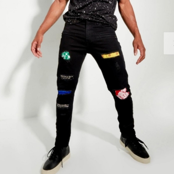 Black Studded Rip Repair Skinny Arc Jeans (38x32) - Picture 1 of 3